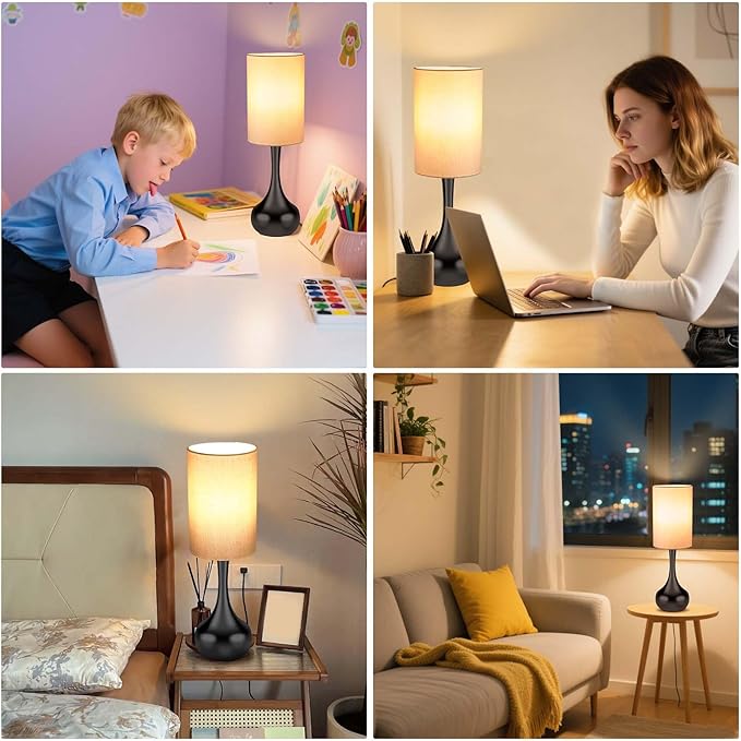 Mid Century Modern Droplet Table Lamp,Touch Control & 3-Way Dimmable,No Assembly Required Cyliner Shade,Black Vintage Farmhouse Bedside Lamp for Bedroom,Nightstand,Living Room,Office