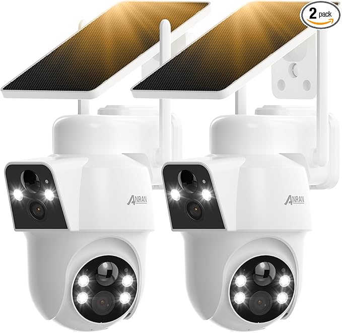 ANRAN 2 Pack Dual-Lens Solar Security Camera Wireless Outdoor - 3MP Fixed Wide-Angle + PTZ 360° View, Home Security Camera with Color Night Vision, 2-Way Talk, PIR Motion Detection, 100% Wire-Free