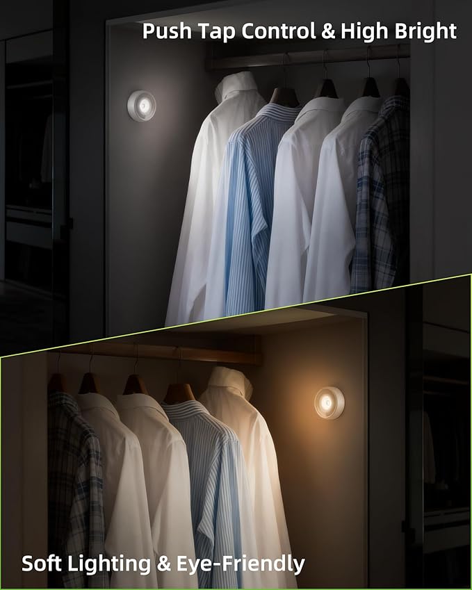 EZVALO LED Puck Lights, Rechargeable Sitck On Tap Lights, Wireless Closet Light, 3 Color Temps, Under Cabinet Lights, 2.5'' Mini Touch Light, Ideal for Kitchen,Closet,Pantry,Shelves,Camper(6 Pack)