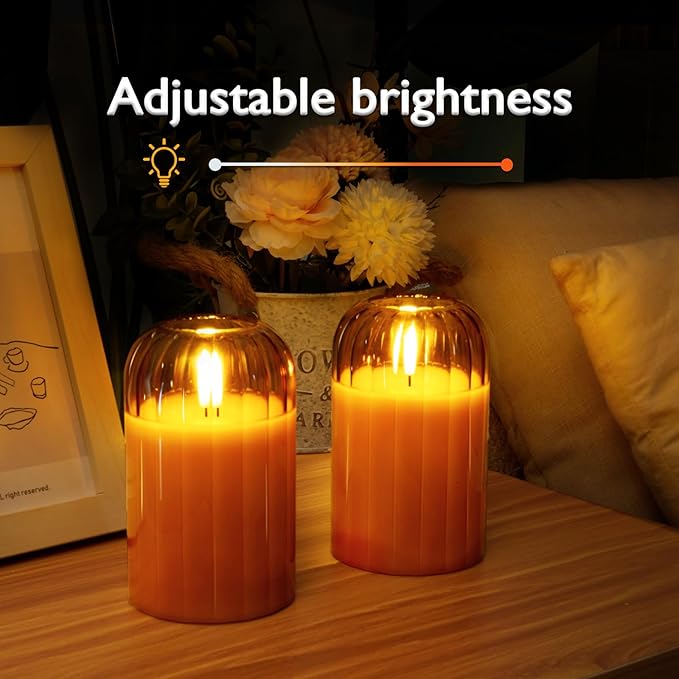 Homemory Glass Flameless Candles, Battery Operated Plliar Candles Realistic Flickering, LED Electric Light with Remote and Timer for Home, Christmas Decoration, Orange, Set of 2