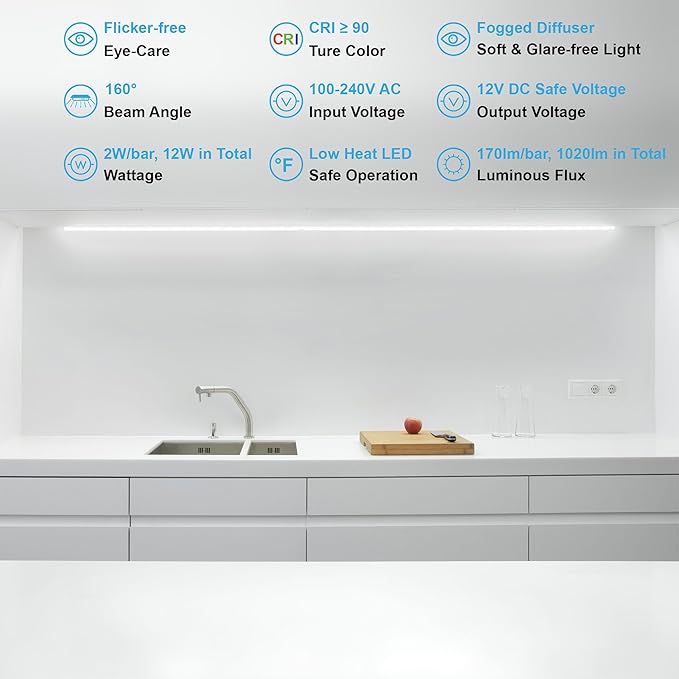 Motion Sensor Under Cabinet Lights, Plug in, Seamlessly Linkable, 6 Pcs 12 Inch Under Counter Lighting Bars for Kitchen, Closet, Gun Safe, Shelf, Display Case, LED 5000k Daylight