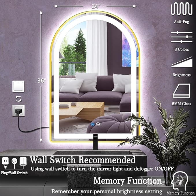 24 x 36 Inch Gold Arch LED Mirror for Bathroom Salon Wall Makeup Table Desk 36 Inch Arch Lighted Vanity Mirror with Lights 3 Color Dimmable AntiFog Gold Frame LED Arched Mirrors with Lights