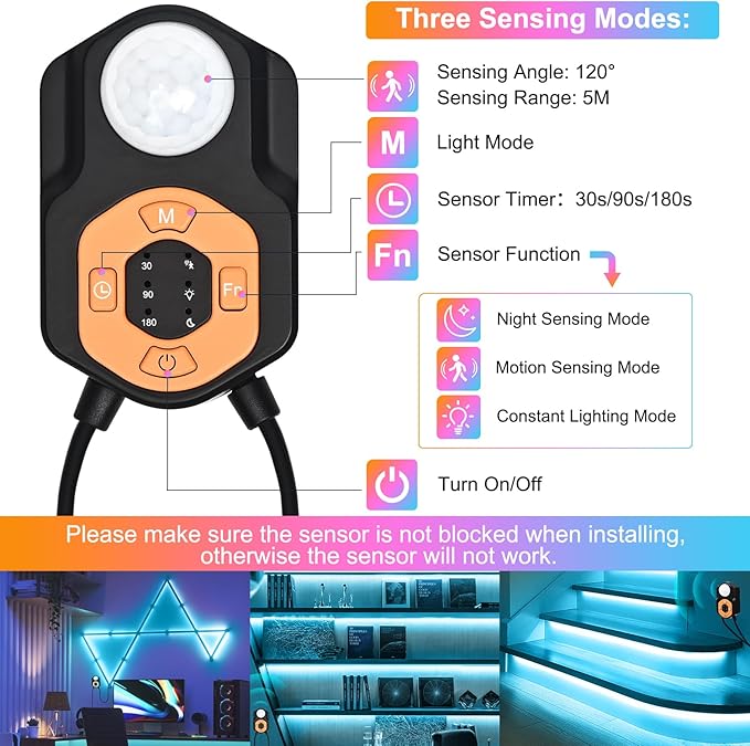 Motion Sensor LED Light Strip Indoor 19.68ft/6M, Under Bed Lights RGB Color Changing | Music Sync | App & Remote Control | ETL Listed Adapter Dimmable | Night Lights for Bedroom, Stair, Cabinet Decor