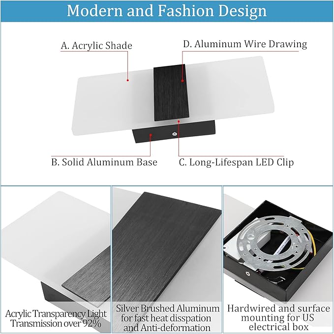 Lightess Modern Wall Sconces Set of Two Indoor LED Wall Mounted Lamp Hardwired Wall Lamp 12W for Bedroom Living Room Hallway, Cool White