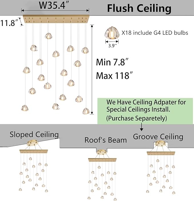 W35 x D11.8 x H118 Rectangular Chandelier Bubble Crystal Balls Glam Chandeliers Dimmable Light High Ceiling Pendants Light Fixtures Adjustable Long Lights Antique Gold
