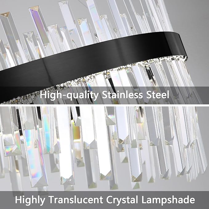 Glam Crystal Chandelier 20 Inch Ring Chandeliers with Remote Dimmable LED Light Adjustable Hanging Lights Luxury Ceiling Pendant Lighting Fixtures for Living Dining Bedroom Foyer Black Light