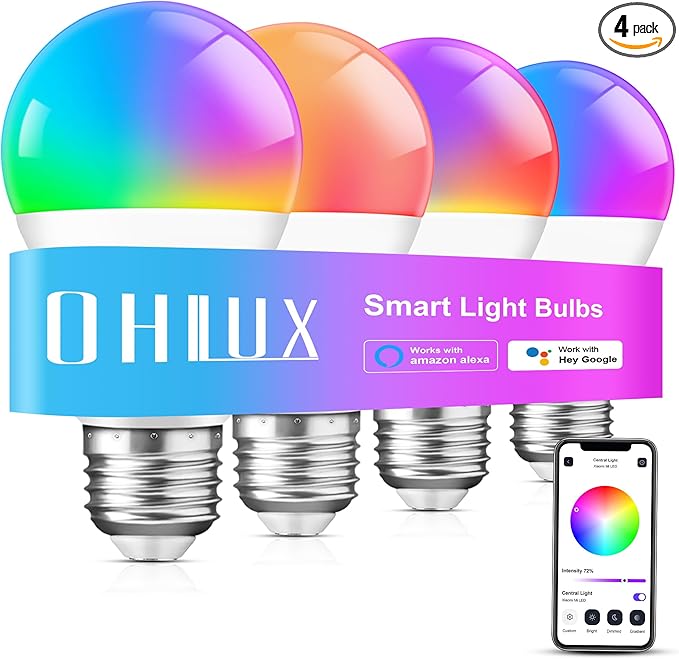 OHLUX Smart WiFi & Bluetooth Alexa Light Bulbs, 10W (100W Equivalent) Color Changing Light Bulbs with Music Sync,Compatible with Alexa Google Home Siri, A19 E26 900LM 4Pack