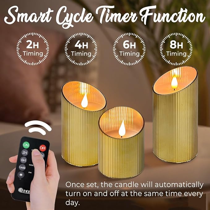 Rechargeable Flameless Candle, Flickering LED Pillar Glass Fake Candle with Remote and Timer, Built-in Battery Real Wax Electronic Candle for Room Decoration, Set of 3