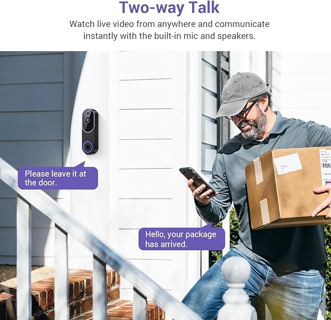 720P Indoor/Outdoor Battery Powered Smart Doorbell Security Camera, Night Vision, Motion Detection, Cloud Storage, 2-Way Audio, Home & Business Security Surveillance, 2.4GHz Wi-Fi（Excluding Receiver）