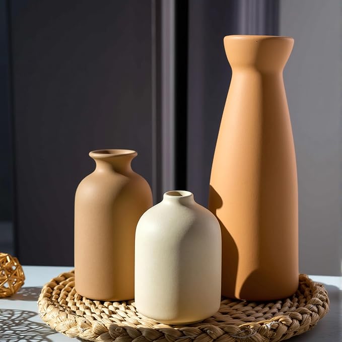 Ceramic Small Vase Set of 3,Modern Boho Farmhouse Home Decor,Pampas Grass Vase,Minimalist Decor,for Entryway Table,Bookshelf,Living Room, Bedroom,Kitchen,Coffee Table Decoration