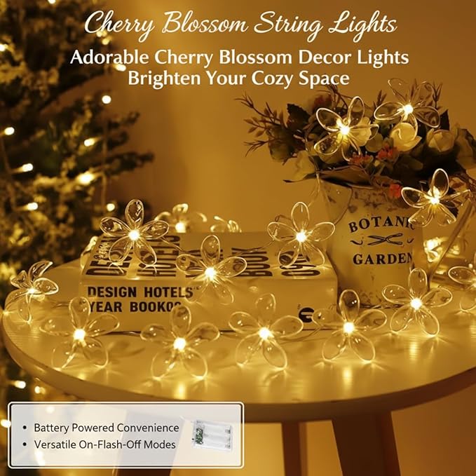 Fielegen 20 LED Cherry Blossom Flower String Lights for Bedroom, 9.84FT Battery Operated Fairy Lights Indoor Decorative Lights for Valentine's Day Home Garden Wedding Party Festival Decor