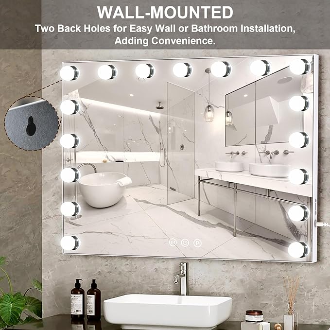 Kottova Vanity Mirror with Lights, 24.4"x21.2" Lighted Makeup Mirror with 3 Dimmable Color Modes,17 LED Hollywood Mirror with Touch Control, USB Charging Port, Tabletop & Wall-Mounted (White)