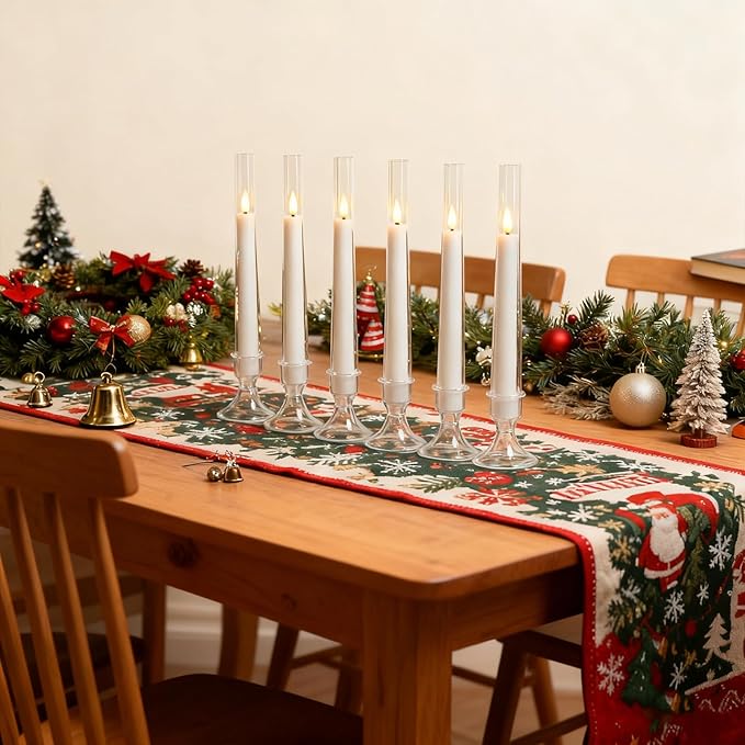 Lezonic Flameless Windows Candles Battery Operated with Timer Remote, 6Pcs White Acrylic Flameless Candlesticks with Holders, LED Taper Candles Flickering for Halloween Christmas, 0.8 x 8 inches