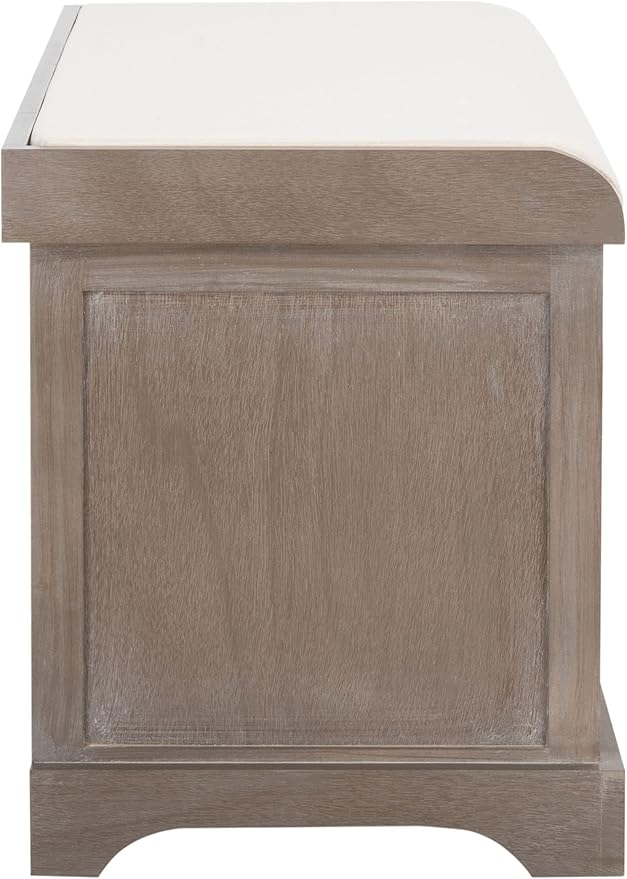 SAFAVIEH Home Collection – Freddy White Wash Storage Bench with Wicker Baskets & Cushion, Entryway Seating Bench, Fully Assembled (AMH5736G)