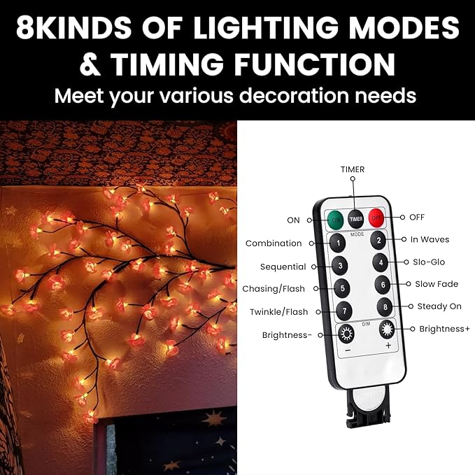 LED Tree Branch Lights for Wall 7.55 FT 144LEDs Cherry Blossom Lights Vine Light with Remote and 8 Lighting Modes Cherry Blossom Garland Willow Vine for Bedroom Indoor Wall Wedding Christmas Decor