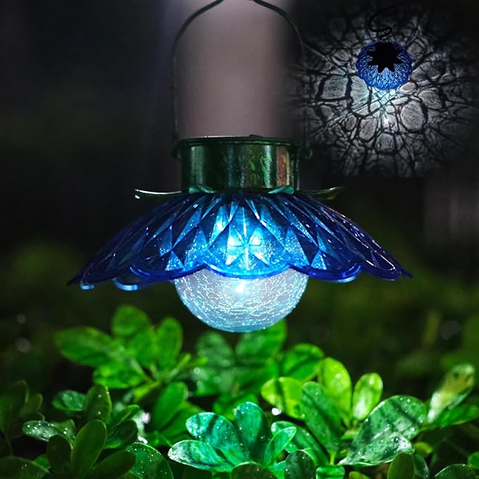 XUWEN Solar Lights Outdoor Waterproof - Blue Solar Flower Lights with Crackle Globe Glass Light, Hanging Lanterns Decorative Outdoor for Yard Walkway Lawn Fence,Christmas Housewarming Gifts for Women.