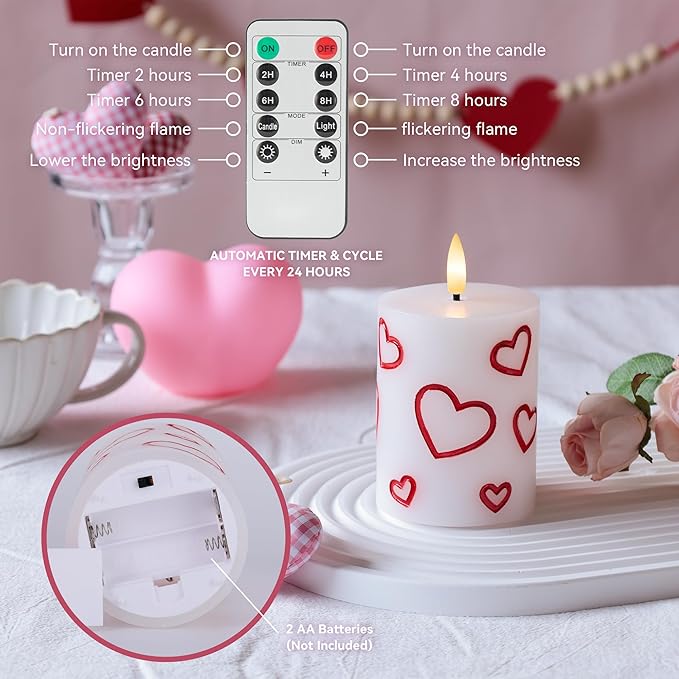 Valentines Day Heart Candles, Real Wax Flameless Pillar Candles with Remote, Real Wax Flickering LED Pillar Candles Valentine's Day Candles Gifts for Her Him Wife Mom Home Party Decor, 3 Pack