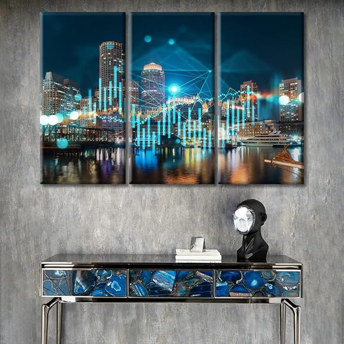 TUMOVO Wall Decor Living Room 3 Piece Forex Financial Graph and Chart Hologram Paintings Rustic Home Decor Posters and Prints Stretched and Framed Ready to Hang (36" Wx24 H)