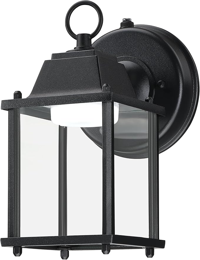 LIT-PaTH Small Outdoor LED Wall Lantern with Dusk to Dawn Photocell, 5000K Daylight White, 9.5W, 800 Lumen, Aluminum Housing Plus Glass, Outdoor Rated, 1-Pack, Black
