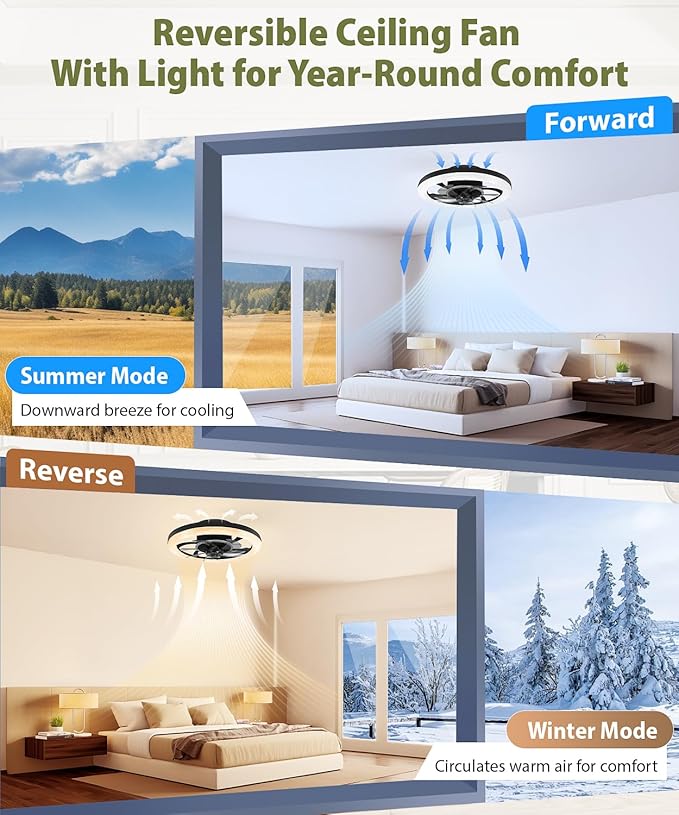 2 in 1 Wifi RGB-LED 20” Ceiling Fans with Lights and Remote, 3000-6500K Dimmable Flush Mount Smart Low Profile Ceiling Fan with Lights, Bluetooth Bladeless Fans with APP, for Bedroom, Black