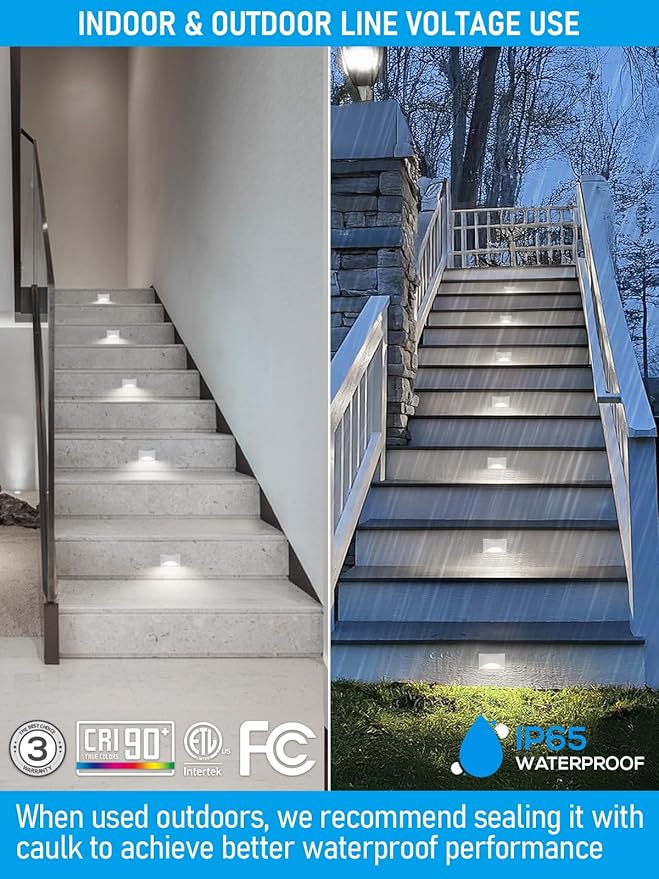 LEONLITE 12-Pack White 5CCT 120V LED Step Lights, 150LM 5%-100% Dimmable Stair Lights Indoor Outdoor IP65 Waterproof, Aluminum Anti-Glare Shell, CRI90 ETL 2700K/3000K/3500K/4000K/5000K