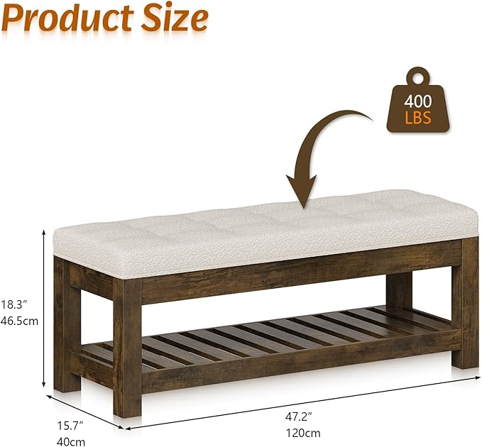 Large Upholstered Ottoman Bench Entryway Storage Benches Tufted Linen Ottoman Bench with Wood Shelf Padded End of Bed Bench for Bedroom Living Room Hallway Decor