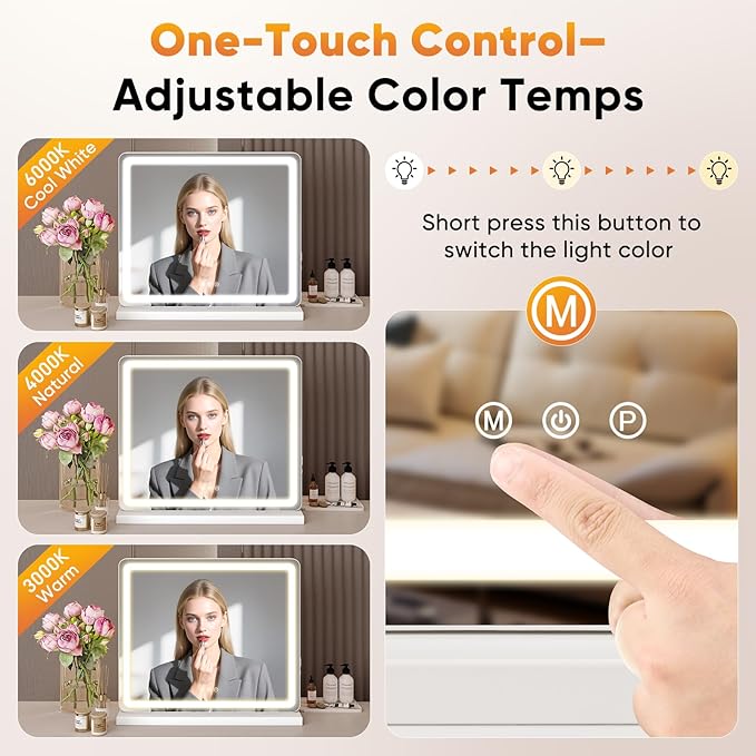 NEWBULIG 20"x22" LED Vanity Mirror with Lights, Lighted Smart Tabletop Makeup Mirrors for Desk, Touch Control Dimmable Brightness, 3 Color Lighting Modes