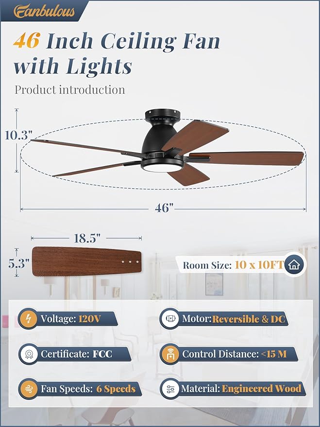 Fanbulous 46 inch Ceiling Fans with Lights, Flush Mount Ceiling Fan and Remote, Modern Low Profile, 3CCT 20W LED Light with 6-Speeds Quiet Reversible Motor, for Bedroom, Living Room, Apartment, Black