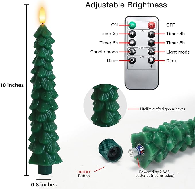 Lezonic 6Pcs Flameless Christmas Tree Candles with Remote Timer, LED Taper Candles Battery Operated Flickering Flame, 10 Inches Green Real Wax Window Candlesticks for New Year Xmas Decorations