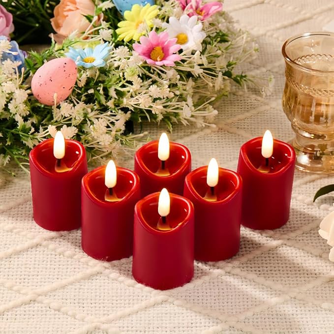 Simplelight Red Flameless Votive Candles with Timer, Realistic Black Wick Valentine’s Day Candles Battery Operated, Battery Included, D 1.8” X H 3.1”, Set of 6 for Wedding, Christmas Decoration (Red)