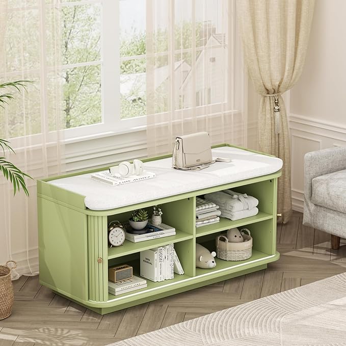 Hall Tree with Bench and Shoe Storage, Entryway Bench with Sliding Door Cabinet, Removable Padded, Metal Wall Hooks and Adjustable Storage Compartments, for Entry, Hallway, Living Room, Green
