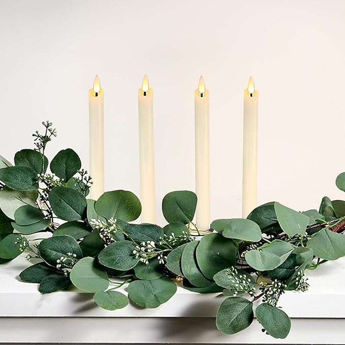 salipt Flameless Ivory Taper Candles Flickering with Timer and 10-Key Remote, Battery Operated LDE Warm 3D Wick Light Window Candles Real Wax Pack of 12, Christmas Home Wedding Decor(0.78" X 9.64")