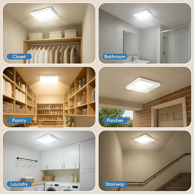 Fast Charging Motion Sensor Closet Light Indoor, Battery Powered Operated Ceiling Lights with Remote, Rechargeable Magnetic Wireless Shower Light for Closet Bathroom Stairs Hallway Pantry, 6.3 Inch
