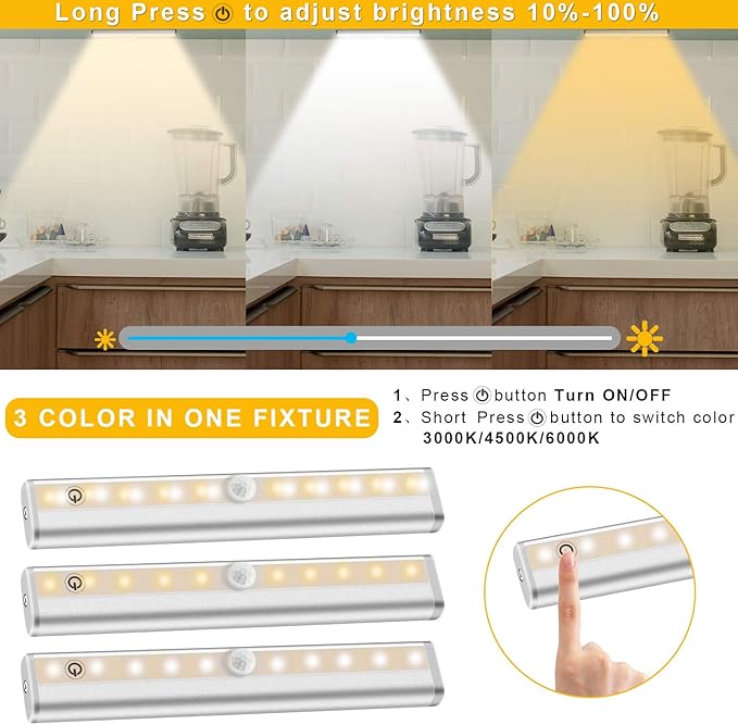 Remote Control Under Cabinet Lighting Wireless 6 Pack, 20-LED Dimmable Closet Lights Rechargeable Under Counter Light, Stick on Touch Night Light Strip Bar for Kitchen Stairway Bedroom, 3 Colors