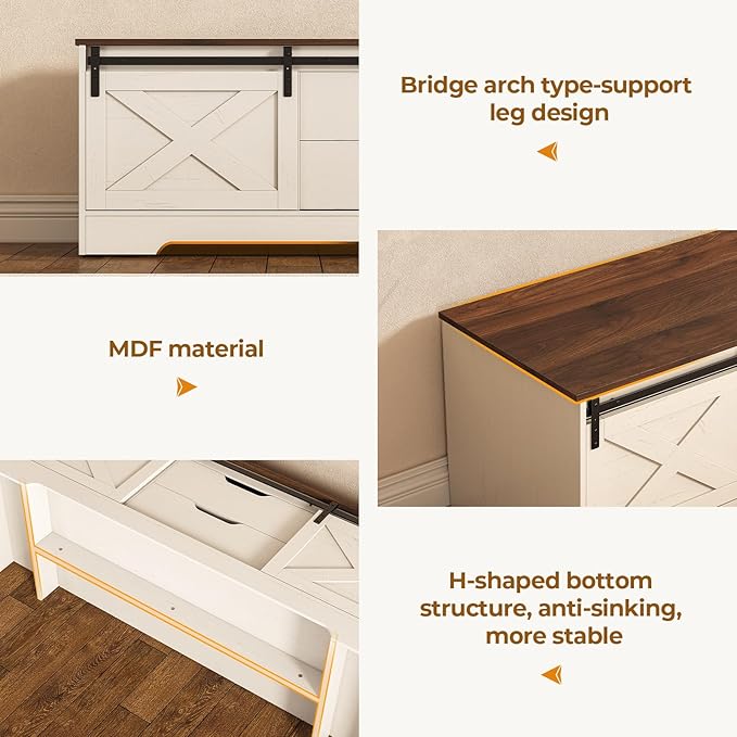 60“ Farmhouse Storage Bench with Cushion, Shoe Rack with Slide Barn Doors, Adjustable Shelf and 2 Drawer for Entry, Bedroom, Closet, Living Room, Hallway (White Brown, 60 in)