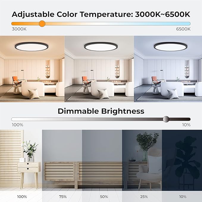 RGB Flush Mount LED Ceiling Light with Remote, 12 Inch Ceiling Light Fixture with Color Changing Backlight, 3000K-6500K Dimmable, 24W for Bedroom Kids Room Black