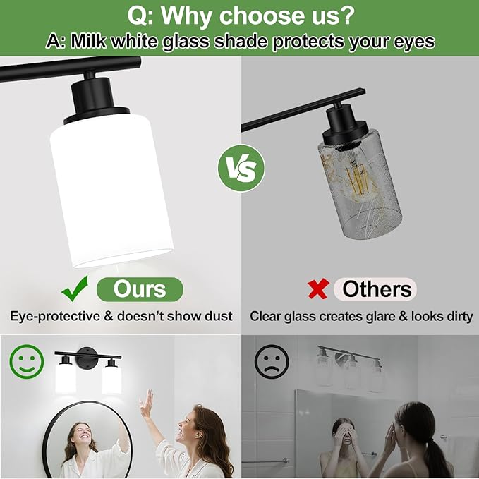 2-Light Bathroom Light Fixtures,Black Modern Vanity Lights with Milky White Frosted Glass Shades,Bathroom Wall Lamp for Mirror Kitchen Living Room Hallway Cabinet Porch