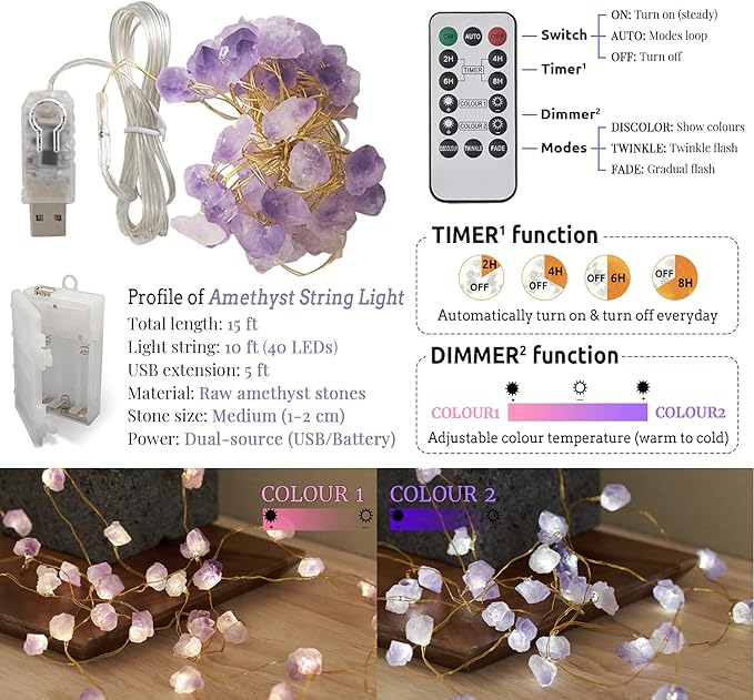 Nature Amethyst Crystal String Lights for Bedroom 10FT 40LEDs USB/Battery Operated Grape Crystal Light Pure Purple Fairy Lights Plug in for Natural Life Cute String Lights for Office