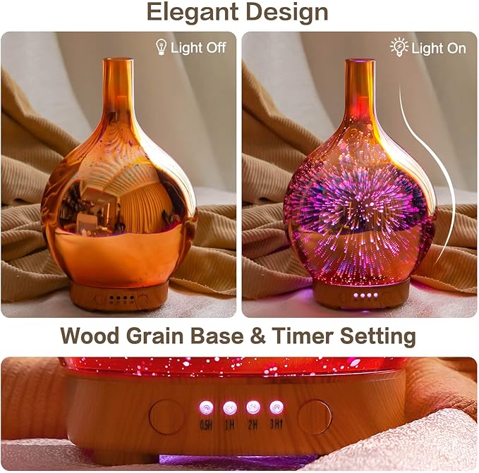 Porseme Essential Oil Diffuser 3D Glass Aromatherapy Ultrasonic Humidifier - 7 Color Changing LEDs, Waterless Auto-Off, Timer Setting, BPA Free 100ml Rose Gold Aladdin