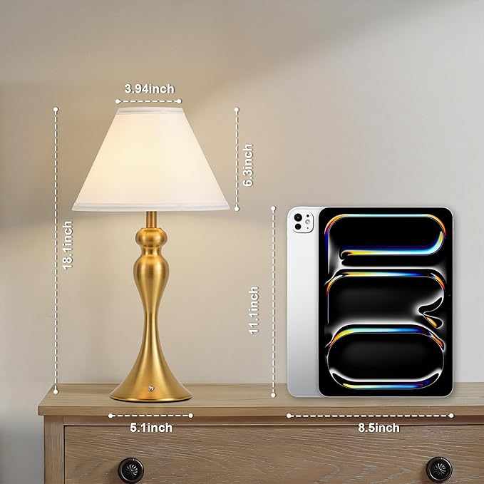 Rechargeable Cordless Table Lamps, Battery Operated Lamp with Fabric Shade for Decor, 3 Color Stepless Dimming LED Table Light, Nightstand Lamp for Nursery, Bedroom, Living Room, Home Office (Brass)