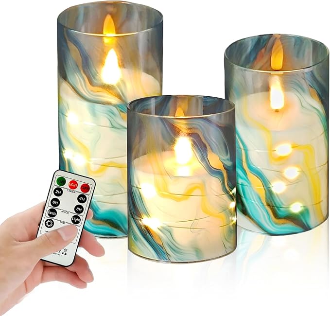 Printed Flameless Candles with String Lights - Set of 3 Battery Operated Candle Flickering Floral LED Pillar Candles with Timer Remote for Home Decor Romantic Ambiance,BG