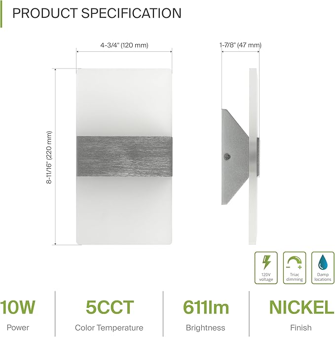 ASD 8 Inch Indoor LED Wall Sconce - 10W 2700K-5000K Dimmable Brushed Nickel Wall Sconce Lights for Living Room, Bedroom, Bathroom, Hallway - Modern Wall Sconces Hardwired, ETL Interior Light