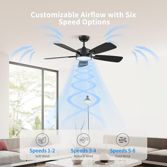Roomratv Ceiling Fans with Lights,46 Inch,Remote Control,Night Light,Dimmable,Reversible,Noiseless,6 Speeds,Timer,Black Modern Ceiling Fan for Living Room,Bedroom,Kitchens,Kis room,Outdoor Patio