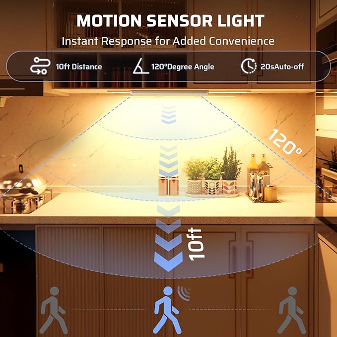 Under Cabinet Lighting Wireless LED Motion Sensor Magnetic Light 2200maAh Rechargeable Indoor Closet Lights for Kitchen, Stairs (2, Warm White, 10 Inch)