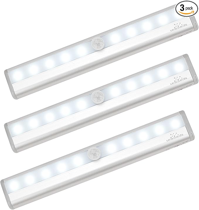 Leadleds 3-Pack Battery Operated 10-LED Motion Sensor Light Bar Stick-on Anywhere Portable Closet Cabinet LED Night Light Wall Light Stairs Light Step Light Bar