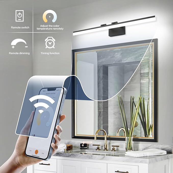 SOLFART Adjustable Color Temperature Dimmable Bathroom Light Fixtures Vanity Light Black LED Bathroom Vanity Light Over Mirror 39.4 Inch APP Control Modern Light