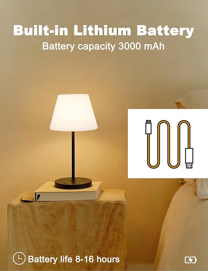 Mini LED Cordless Table Lamp Rechargeable, 3000mAh Battery Operated Shower Lamp Waterproof, Touch Dimmable 2700K Night Light for Patio Camping Dining Outdoor (Mini Black)