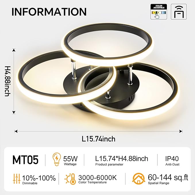 15.74in Dimmable LED Modern Flush Mount Ceiling Light Fixture with Remote Control, 3000K-6500K 3-Color Dimming Circle Modern Chandelier, Close to Ceiling Bedroom Kitchen Hallway Cloakroom Lamp