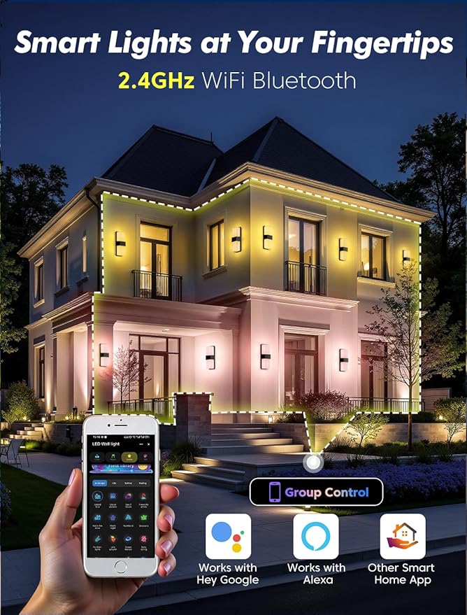 Outdoor Wall Lights, RGBCW Smart LED Lamp, Color Changing Front Door Sconce, Porch Lights Outdoor Light Fixture,12in Exterior Wall Sconces, Remote & Wi-Fi Control, IP65 Waterproof, 2 Pack