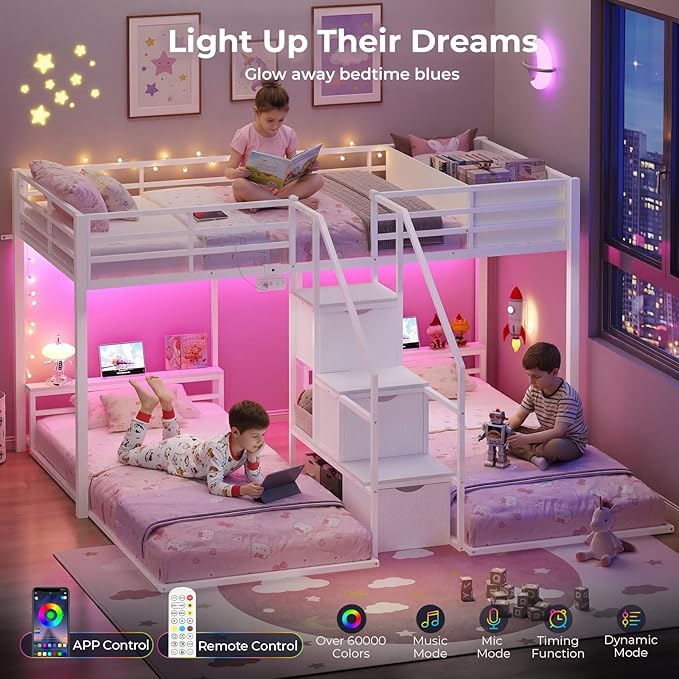 ADORNEVE Triple Bunk Bed Twin Over Twin with Storage Staircase, RGB Lights & Power Outlets, Heavy Duty Metal 3 Bunk Beds with Drawers & Headboard Shelf, Safety Guardrails, for Kids, White
